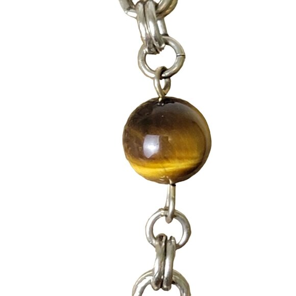 Vintage 80s Tigers Eye Bead Chain Necklace Women Silver Jewelry Crystal Gemstone - Picture 11 of 11